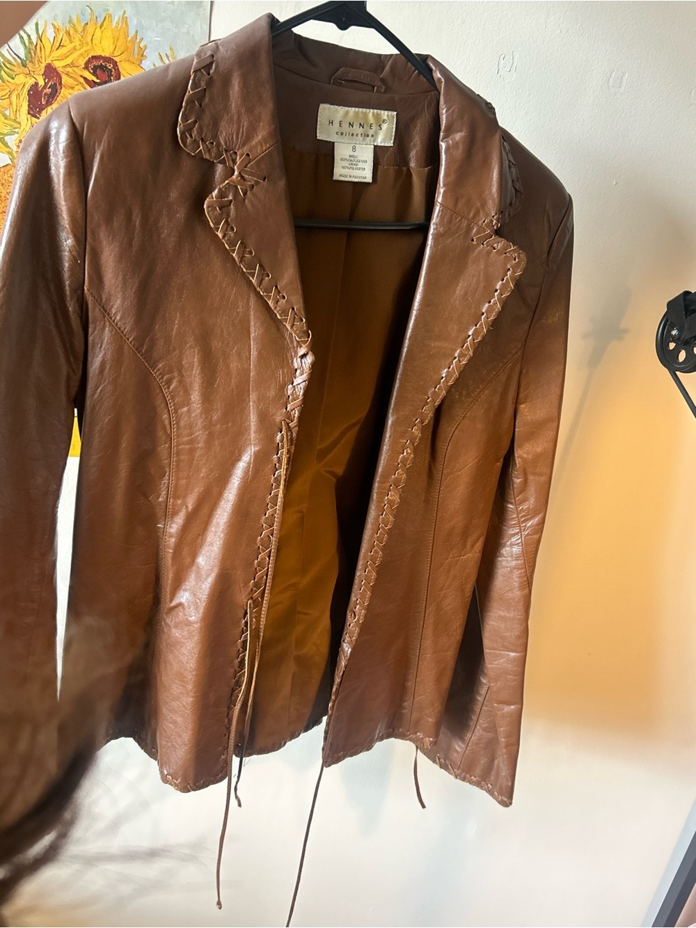Henne Cognac Brown Leather Jacket with Laced Trim